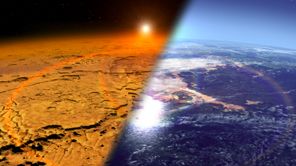 Representação artística de como teria sido o clima de Marte primitiva na presença de uma atmosfera mais densa